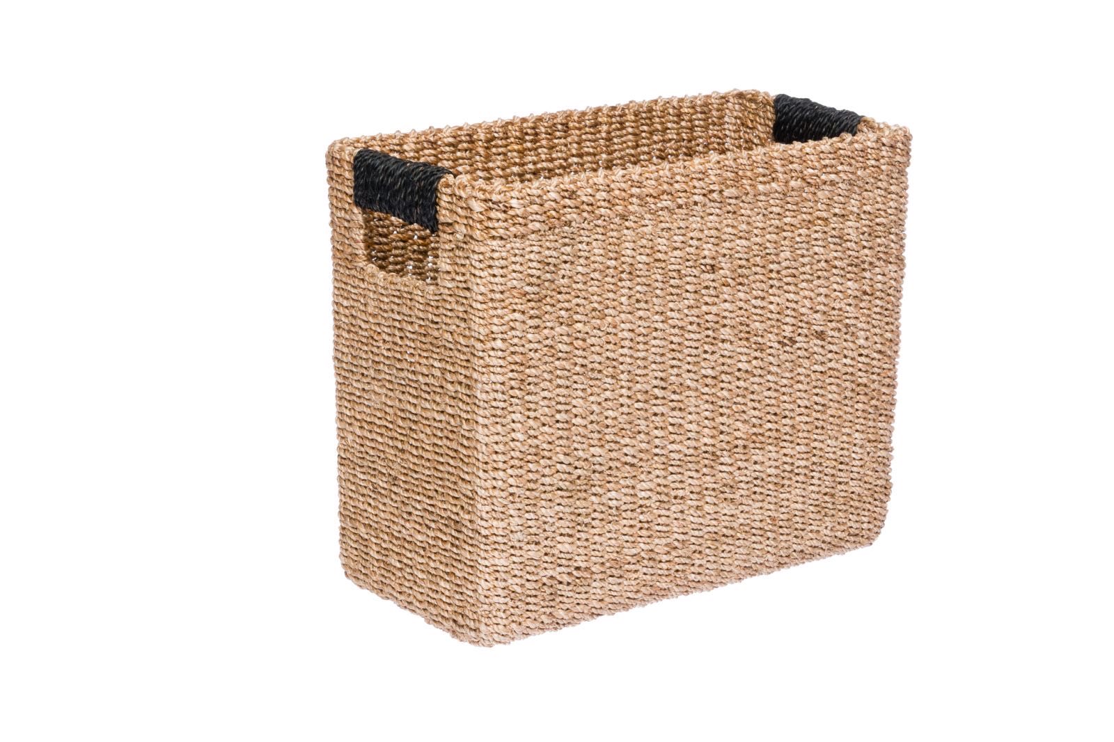 Alex Rectangle Basket in Black from Habi Home Shop - Durable, eco-friendly basket made from 100% natural plant fiber, ideal for organizing homeschool materials, kitchen items, books, toys, and bathroom essentials in a stylish, sustainable way.