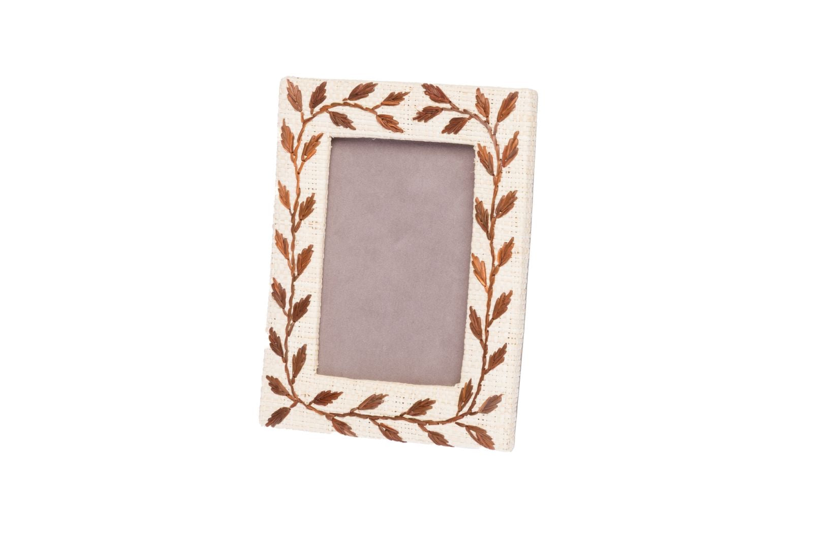 Natural raffia photo frame with leaf-inspired design, available in 4x6, 5x7, and 8x10 sizes.