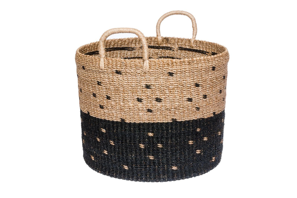Camille Black and Natural round basket hamper handwoven from 100% natural plant fiber for eco-friendly home storage