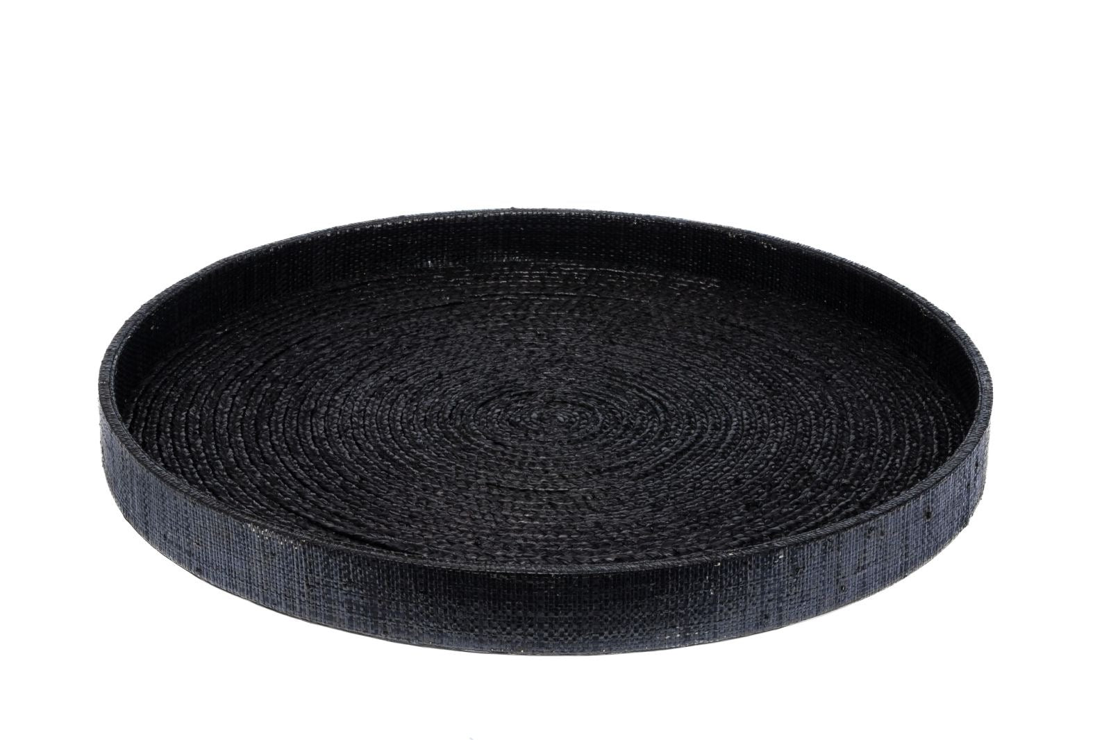 Natural braided raffia round tray, 23-inch handcrafted décor tray made from sustainable plant fibers.