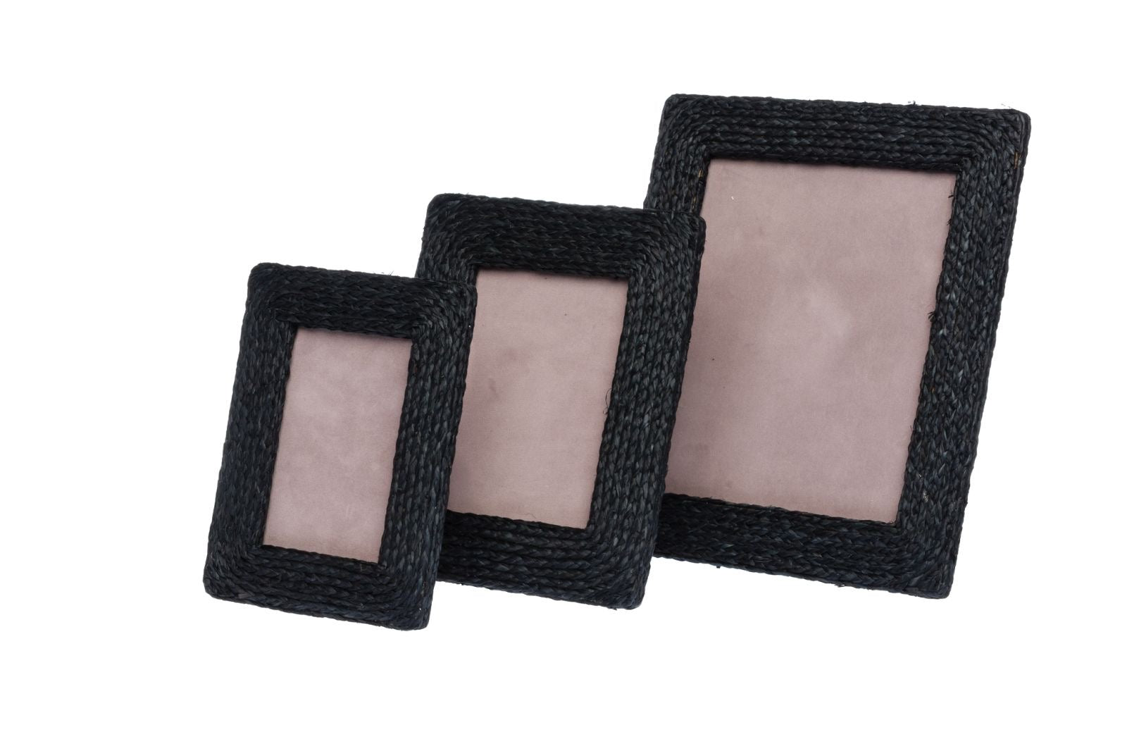 Handcrafted black braided raffia photo frame available in 4x6, 5x7, and 8x10 sizes.