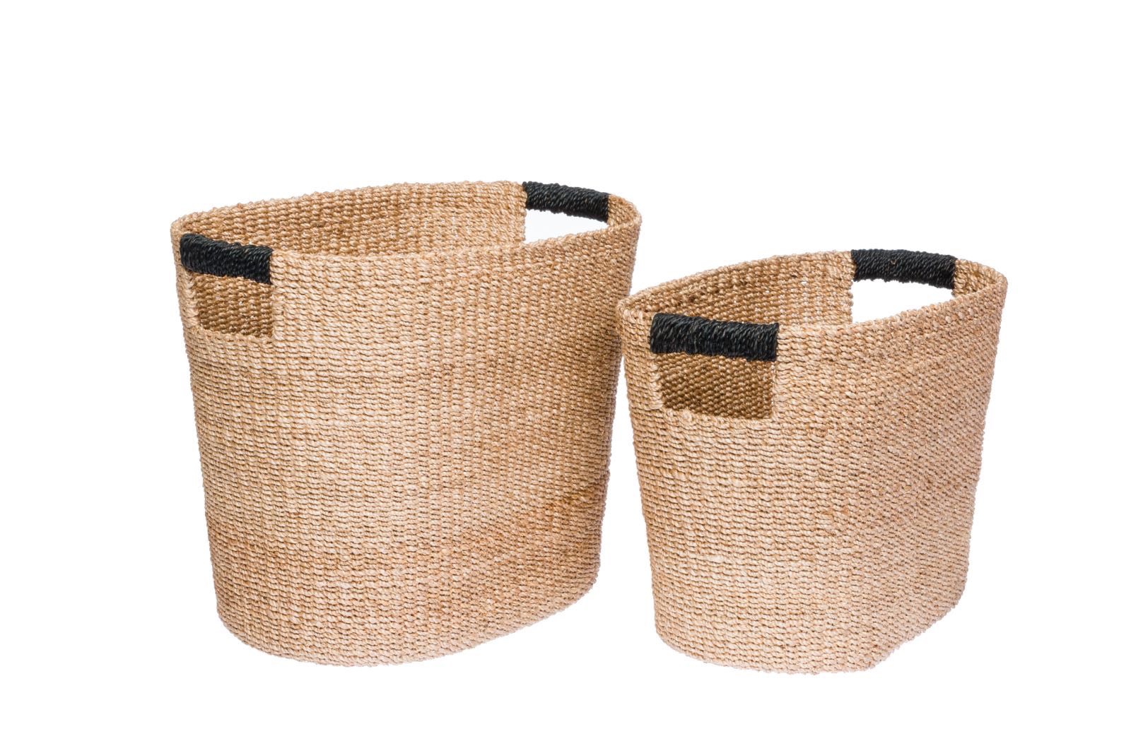 Eco-friendly Ivy Oval Black Storage Baskets made from 100% natural plant fiber, handwoven for sustainable home organization. Perfect for living room, kitchen, bathroom, and bedroom storage.