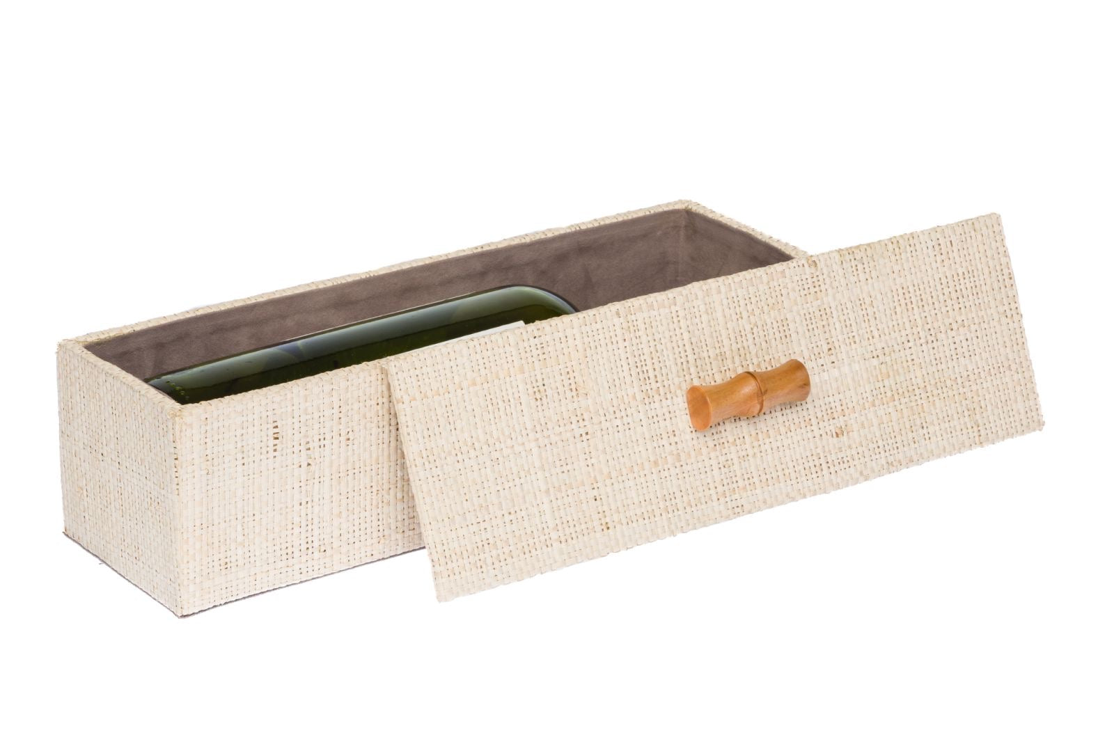 Natural raffia wine gift box, handcrafted and designed to fit standard wine bottles for elegant eco-friendly gifting.