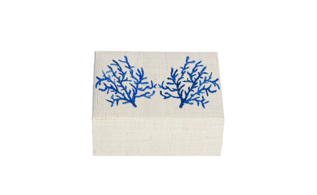 Store your jewelry in style with the Penelope Coral Blue Embroidery Jewelry Box. Made from eco-friendly materials and featuring intricate embroidery, this sustainable box combines function and elegance for your vanity or dresser.