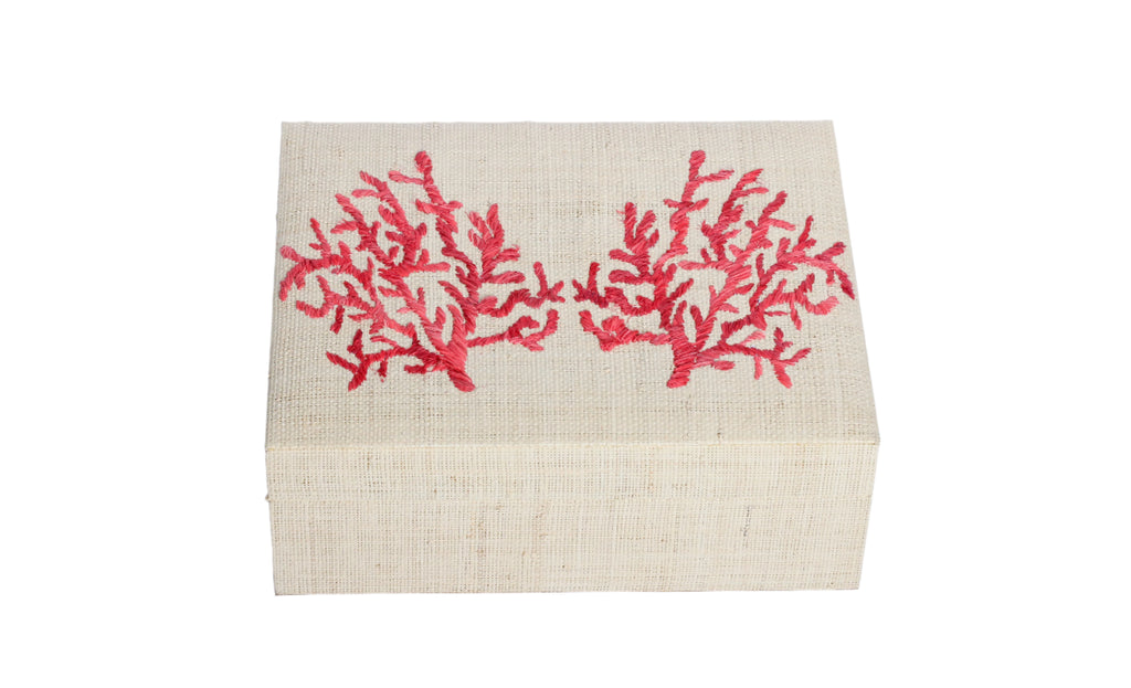 Store your jewelry in style with the Penelope Coral Red Embroidery Jewelry Box. Made from eco-friendly materials and featuring intricate embroidery, this sustainable box combines function and elegance for your vanity or dresser.