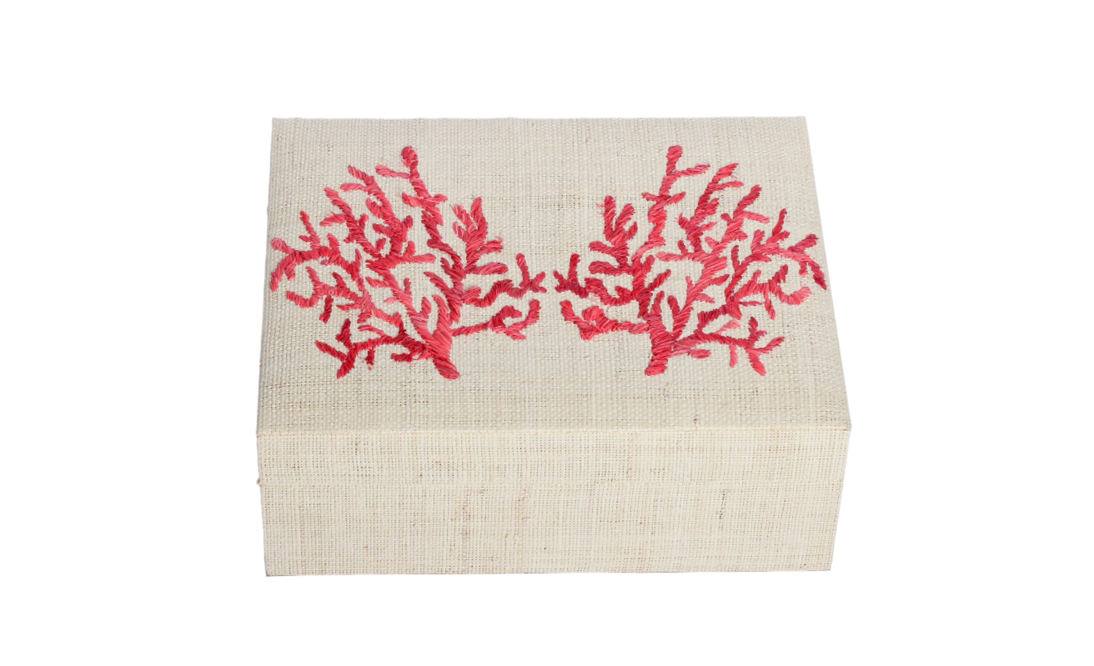 Store your jewelry in style with the Penelope Coral Red Embroidery Jewelry Box. Made from eco-friendly materials and featuring intricate embroidery, this sustainable box combines function and elegance for your vanity or dresser.