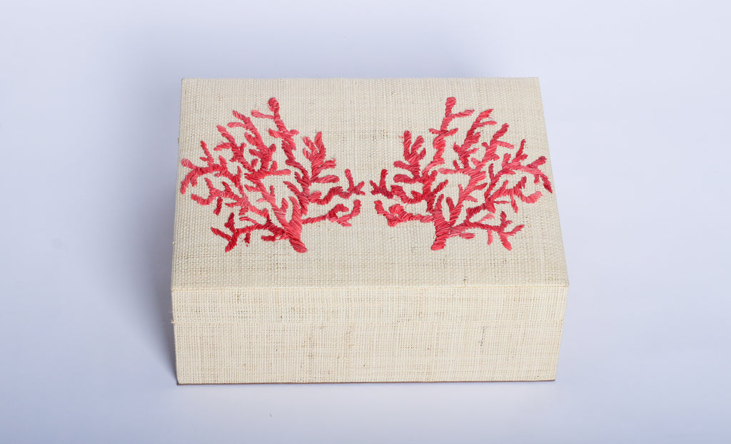 Store your jewelry in style with the Penelope Coral Red Embroidery Jewelry Box. Made from eco-friendly materials and featuring intricate embroidery, this sustainable box combines function and elegance for your vanity or dresser.