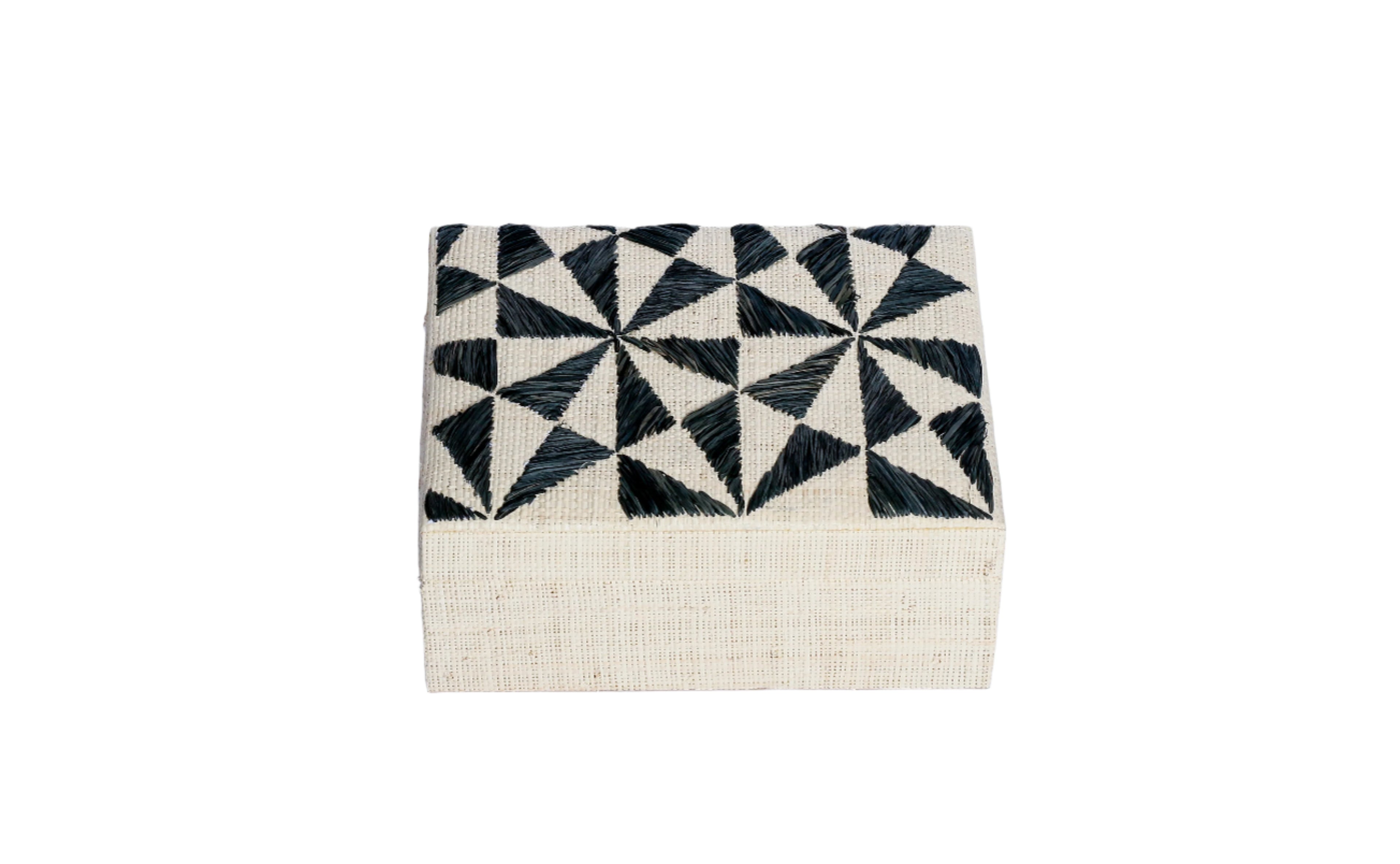 Store your jewelry in style with the Penelope Geometric Triangles Embroidery Jewelry Box. Made from eco-friendly materials and featuring intricate embroidery, this sustainable box combines function and elegance for your vanity or dresser.