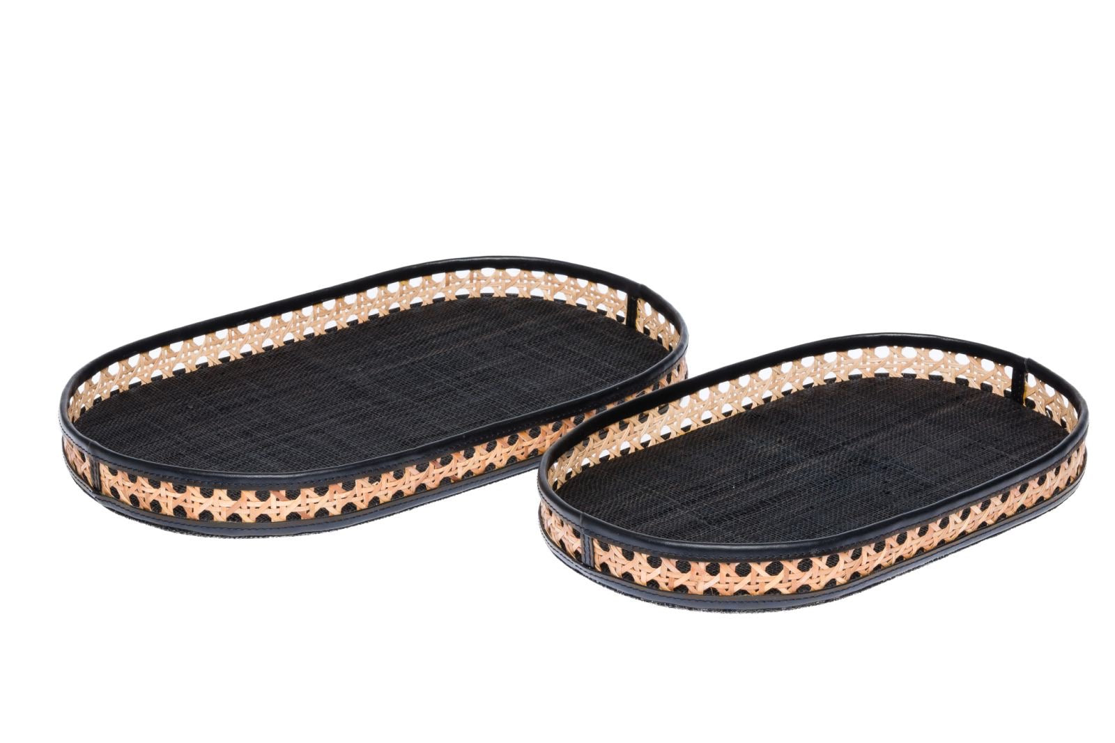 Black solihiya and raffia oval trays, set of 2, perfect for vanity organization and stylish home décor.