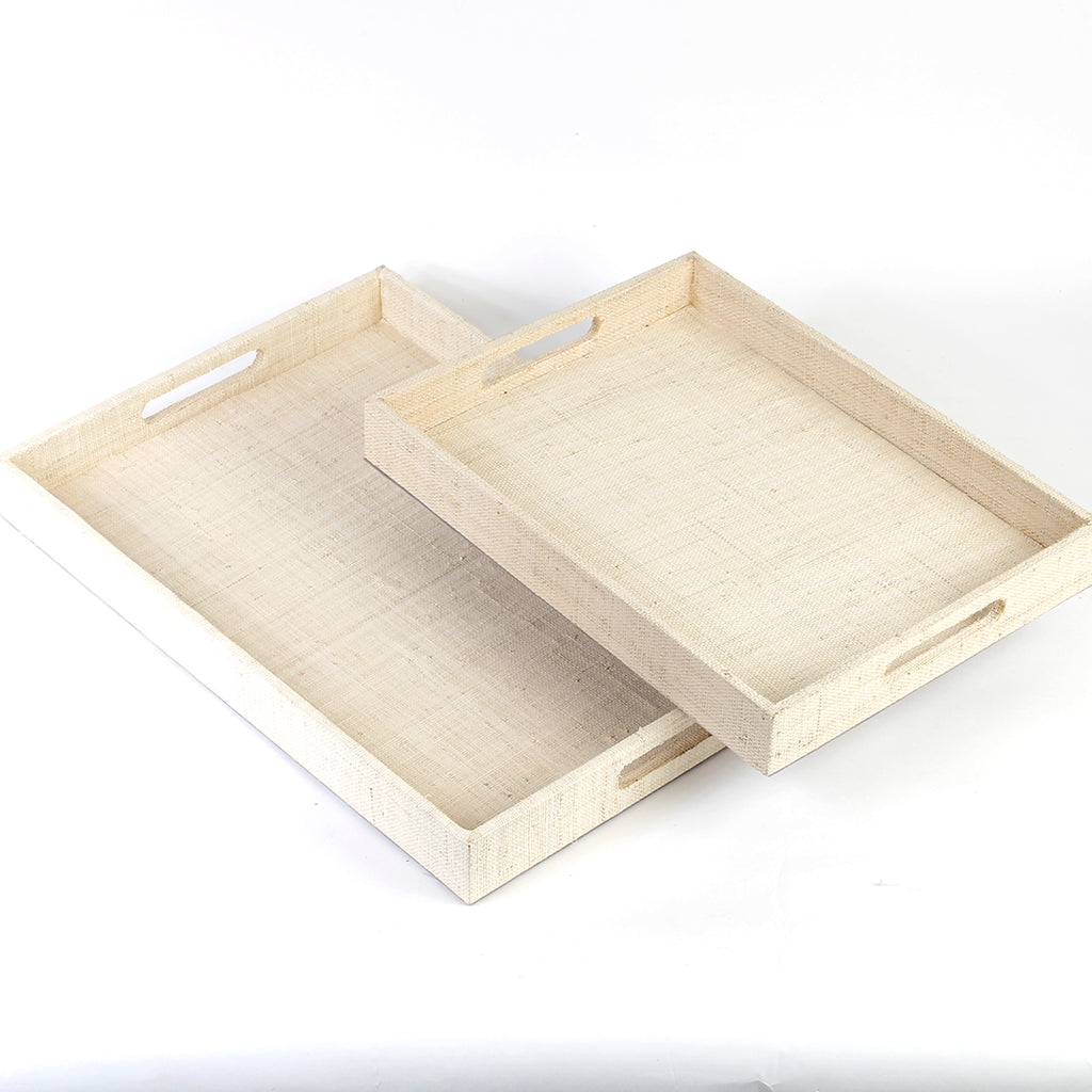 Adie Positively Simple Decorative Trays Set of 2 made from natural plant fibers, displayed on a table with decorative items, showcasing eco-friendly design and multi-purpose functionality for serving and organizing.