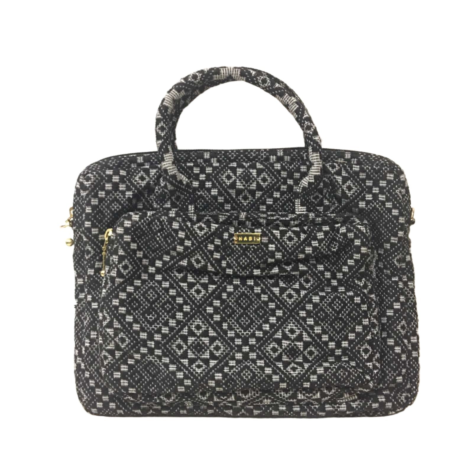 Dani Inabel Black Diamond Laptop Bag, handwoven from Abel Iloco fabric in the Philippines, showcasing intricate geometric patterns inspired by nature. This eco-friendly laptop bag blends traditional craftsmanship and functionality, crafted by skilled Ilocos artisans using centuries-old weaving techniques. Made with 50% cotton and 50% polyester, the bag offers durability with a removable, adjustable cotton strap. 