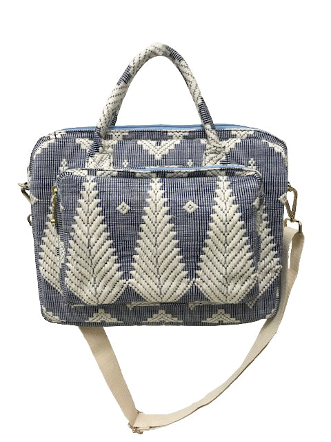Dani Inabel Blue Feather Laptop Bag, handwoven from Abel Iloco fabric in the Philippines, showcasing intricate geometric patterns inspired by nature. This eco-friendly laptop bag blends traditional craftsmanship and functionality, crafted by skilled Ilocos artisans using centuries-old weaving techniques. Made with 50% cotton and 50% polyester, the bag offers durability with a removable, adjustable cotton strap.  
