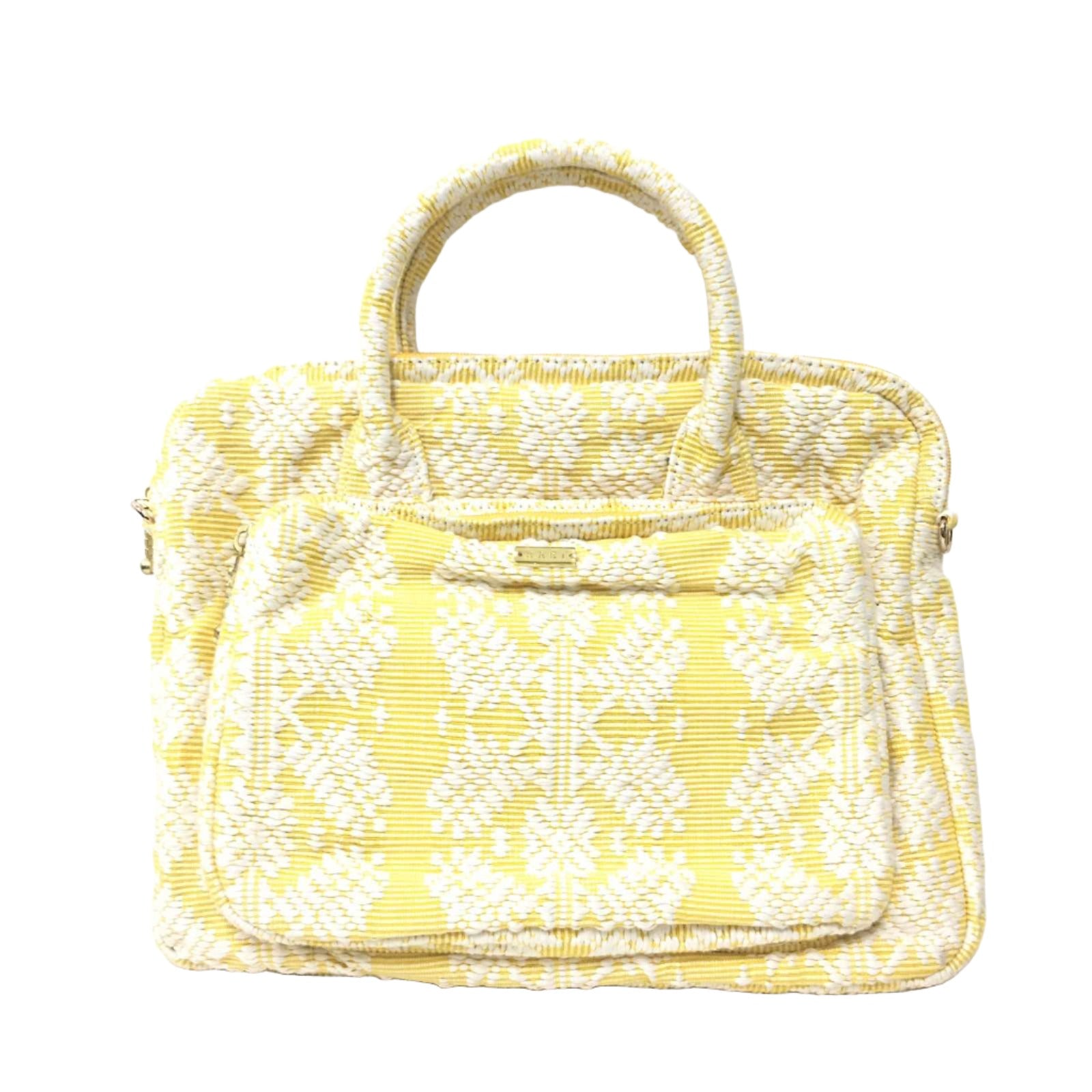 Dani Inabel Yellow Snowflake Laptop Bag, handwoven from Abel Iloco fabric in the Philippines, showcasing intricate geometric patterns inspired by nature. This eco-friendly laptop bag blends traditional craftsmanship and functionality, crafted by skilled Ilocos artisans using centuries-old weaving techniques. Made with 50% cotton and 50% polyester, the bag offers durability with a removable, adjustable cotton strap. 