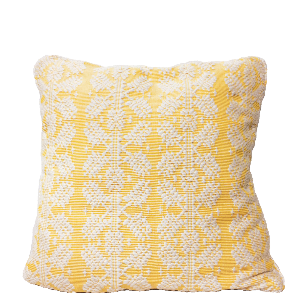 Dani Inabel Yellow Snowflake Pillowcase, crafted from traditional handwoven Abel Iloco fabric from the Philippines, featuring intricate geometric patterns inspired by nature, like stars, rivers, flowers, and fruits. This culturally significant pillowcase, woven on a pedal loom by skilled Ilocano artisans, adds heritage and elegance to any living space. Perfect for contemporary homes, it honors the rich storytelling tradition of the Ilocos region.