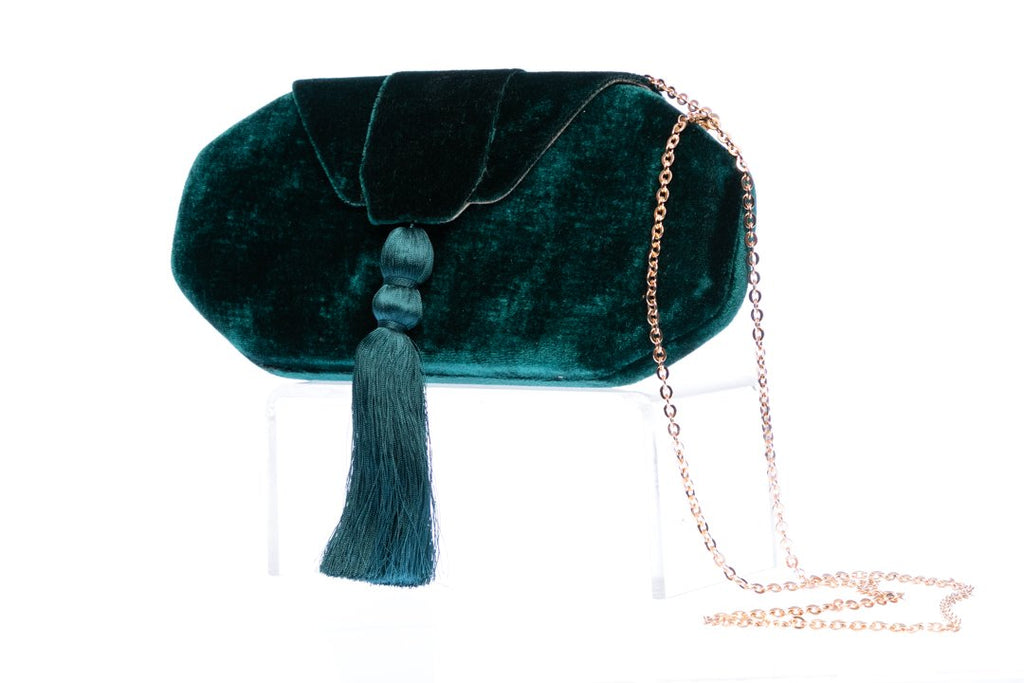 Elegant Forest Green Velvet Octagon Tassel Clutch with brass chain strap and chic tassel, perfect for evening events, weddings, and parties; handmade statement piece with lined interior for essentials like phone, cards, and lipstick.