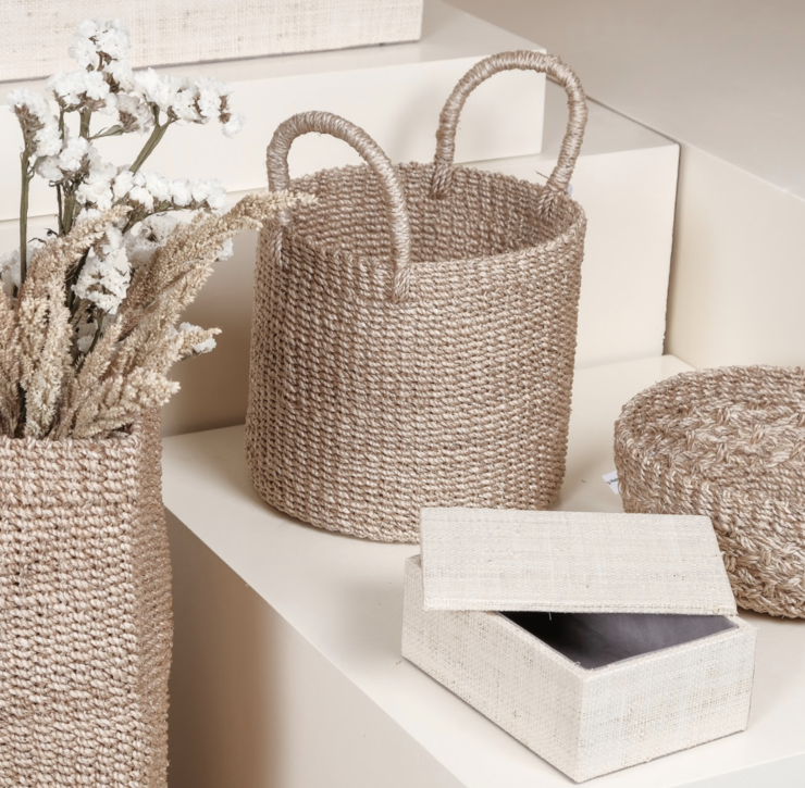 Dinah Catch All Basket made from 100% natural plant fiber, perfect for organizing essentials like keys, condiments, bath items, and vanity accessories. Versatile storage basket for entryways, kitchens, and bathrooms, adding charm and eco-friendly functionality to any space.