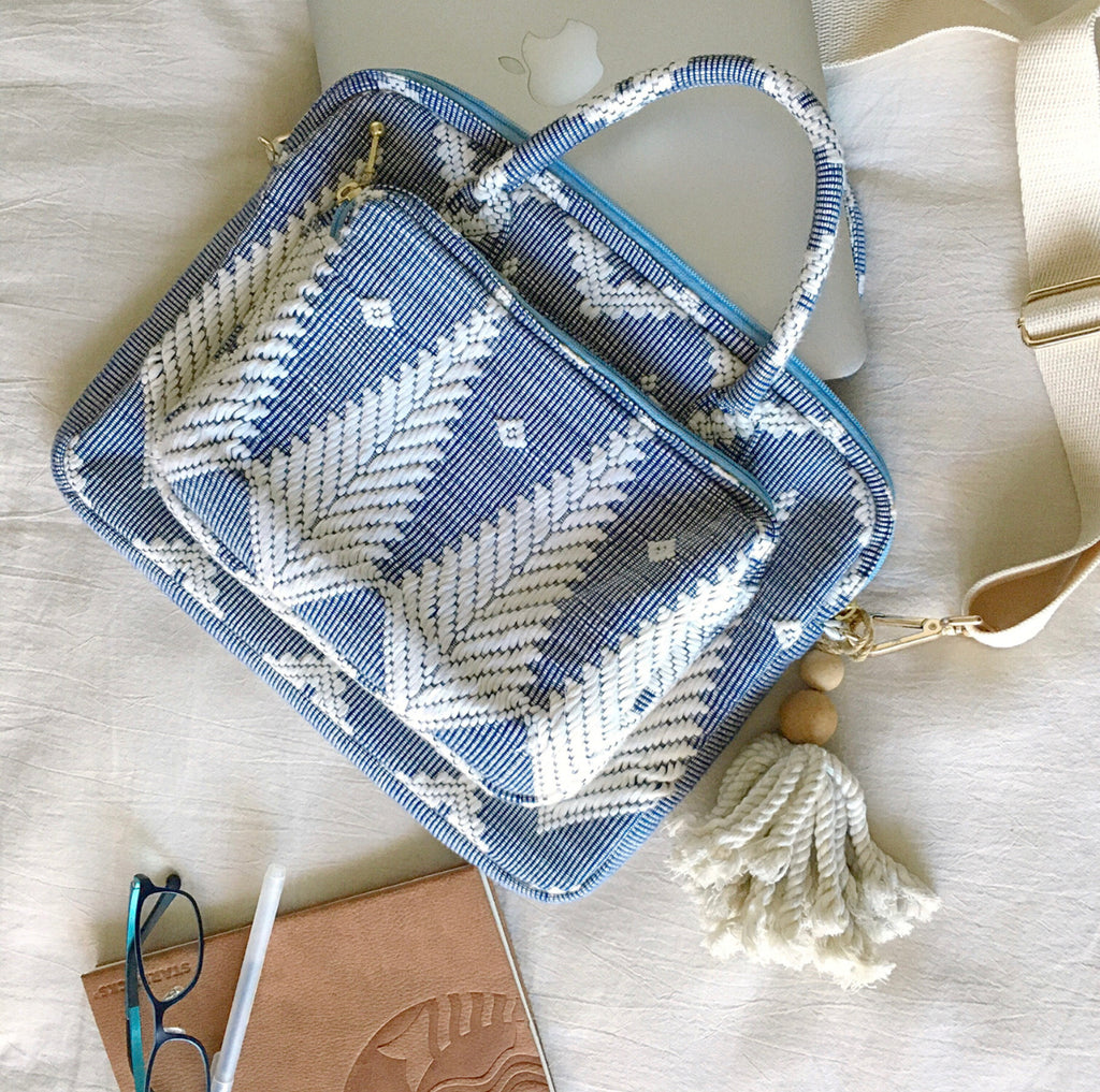 Dani Inabel Laptop Bag, handwoven from Abel Iloco fabric in the Philippines, showcasing intricate geometric patterns inspired by nature. This eco-friendly laptop bag blends traditional craftsmanship and functionality, crafted by skilled Ilocos artisans using centuries-old weaving techniques. Made with 50% cotton and 50% polyester, the bag offers durability with a removable, adjustable cotton strap. Ideal for work, school, or casual outings, this laptop bag supports sustainable living and Filipino heritage. 