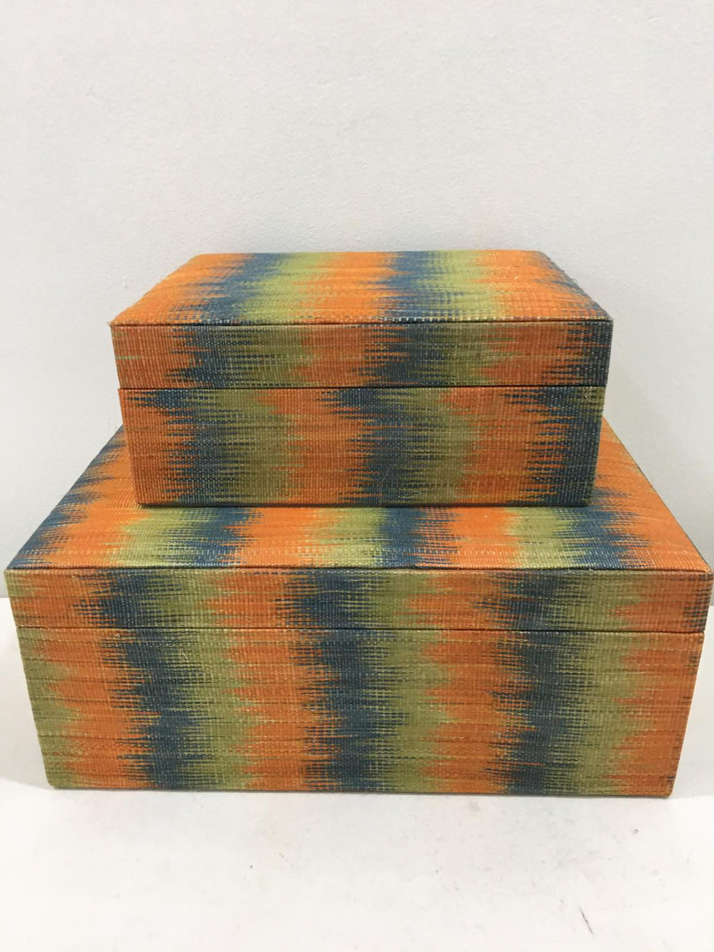 Chloe Storage Boxes Set of 2 in Orange Combi, made from 100% natural plant fiber and T'boli tinalak fabric, perfect for eco-friendly organization.